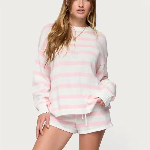 Round Neck Long Sleeve Knitted Drawstring Suits