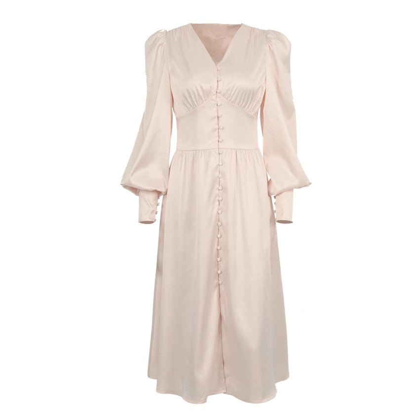 Women's Satin Dress Design Sense Lantern Sleeve Waist Dresses