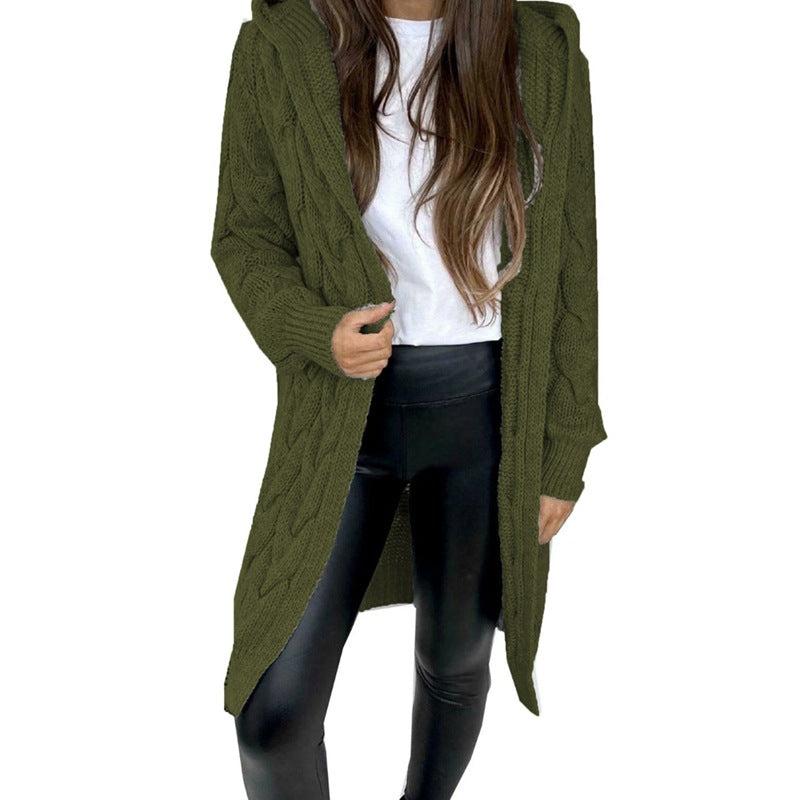 Mid-length Solid Color Twist Hooded Knit Women's Sweater