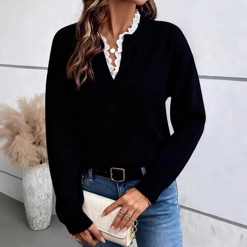 Women's Fashionable Lace Solid Color Loose Long Sweaters