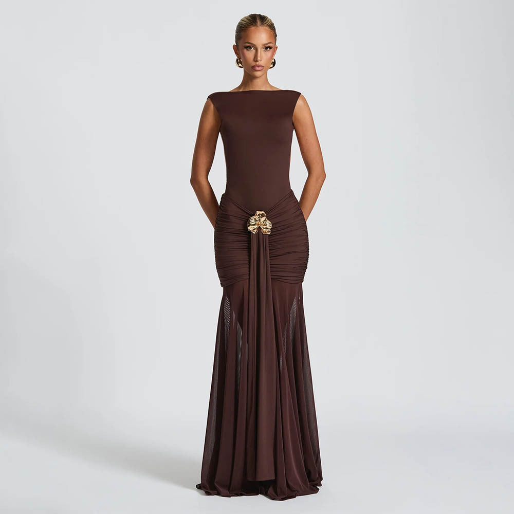 Women's Fashion Solid Color Round Neck Sleeveless Pleated Waist Tight Ribbon Dress