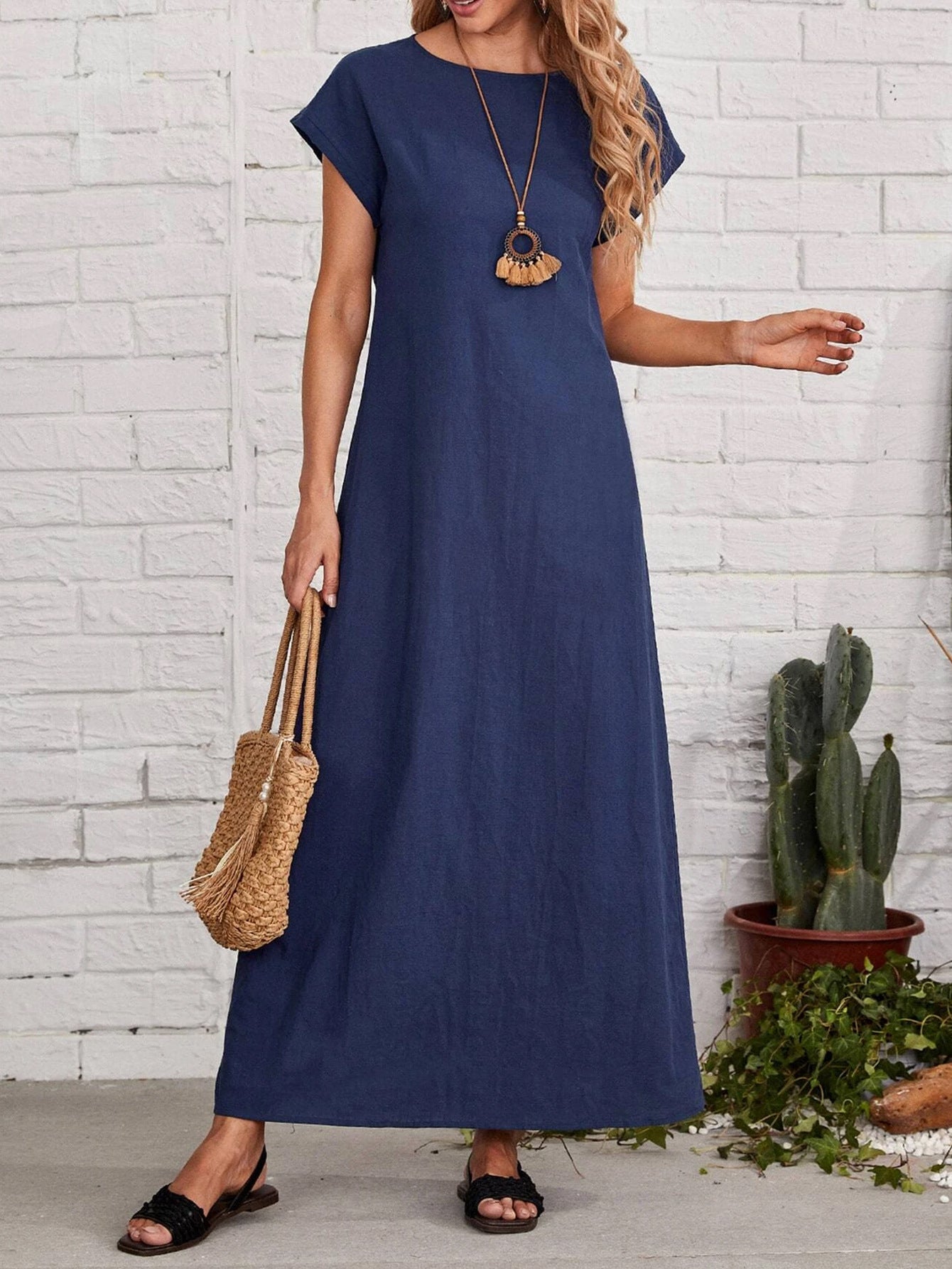 Women's Summer Simple Style Round Neck Sleeve Loose Casual Long Solid Dress