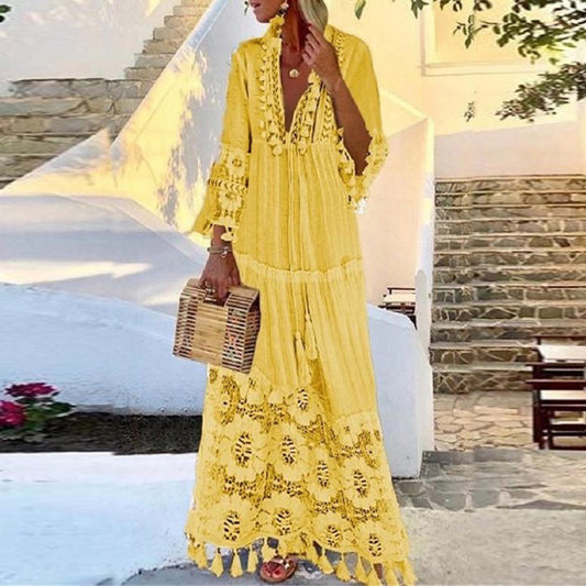 Women's Stitching Tassel Slub Cotton Long Sleeve Dress Dresses