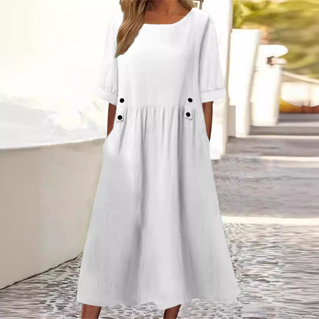 Cotton Linen Dress Round Neck Loose Dresses