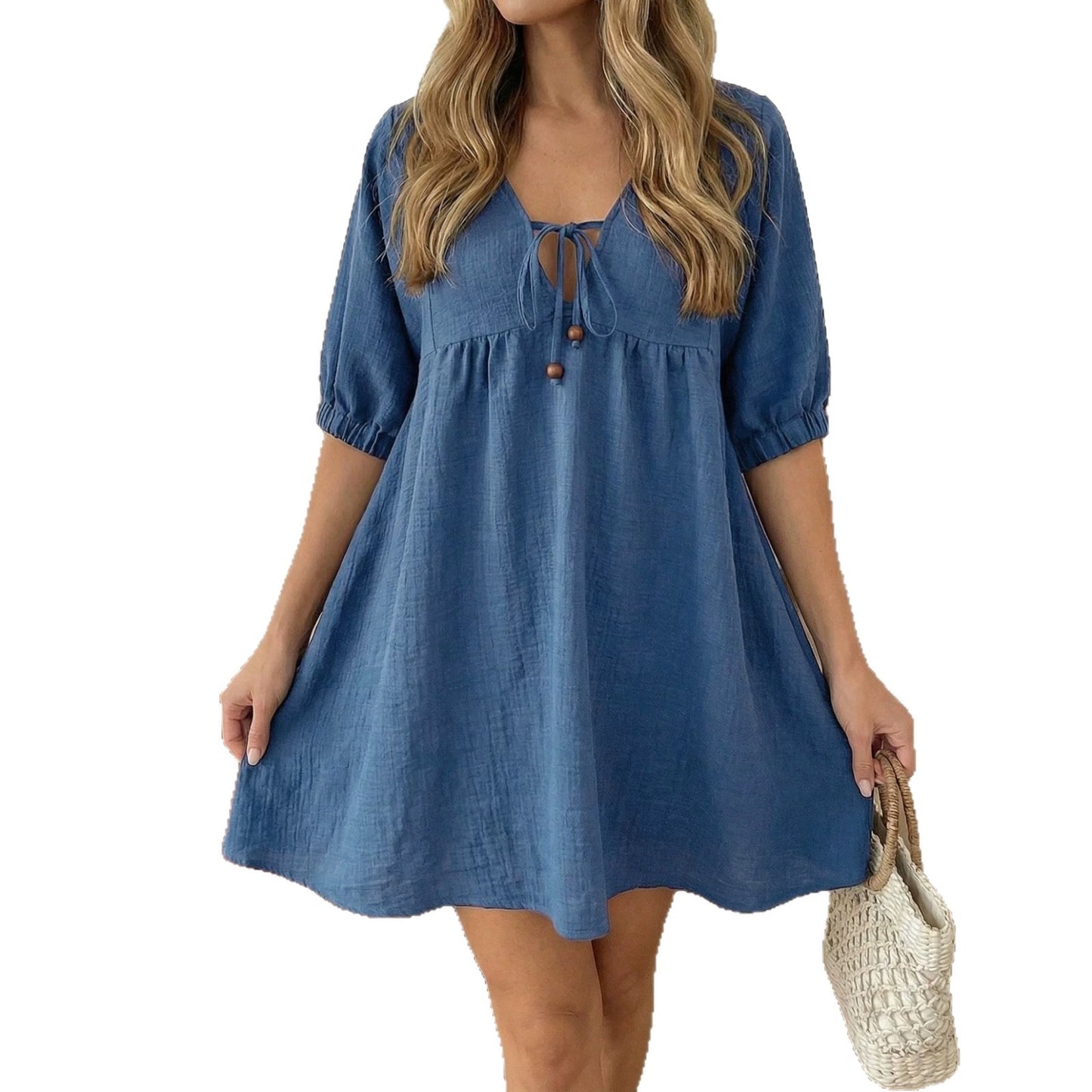 Women's Collar Bow Puff Sleeve Lantern Pleated Ruffled Hem Dress