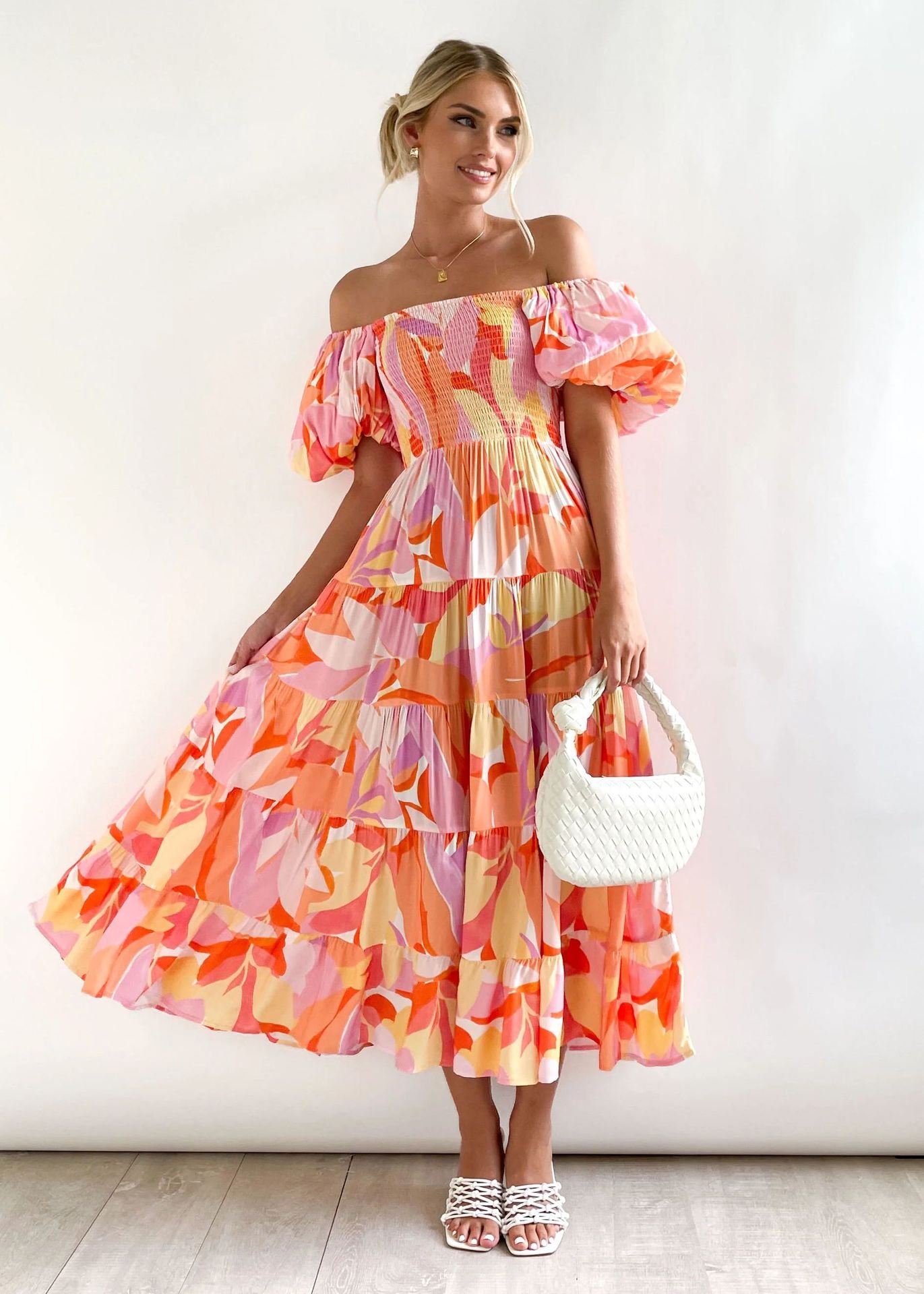 Women's Summer Puff Sleeve Holiday Slim Looking Long Dress Hot Dresses