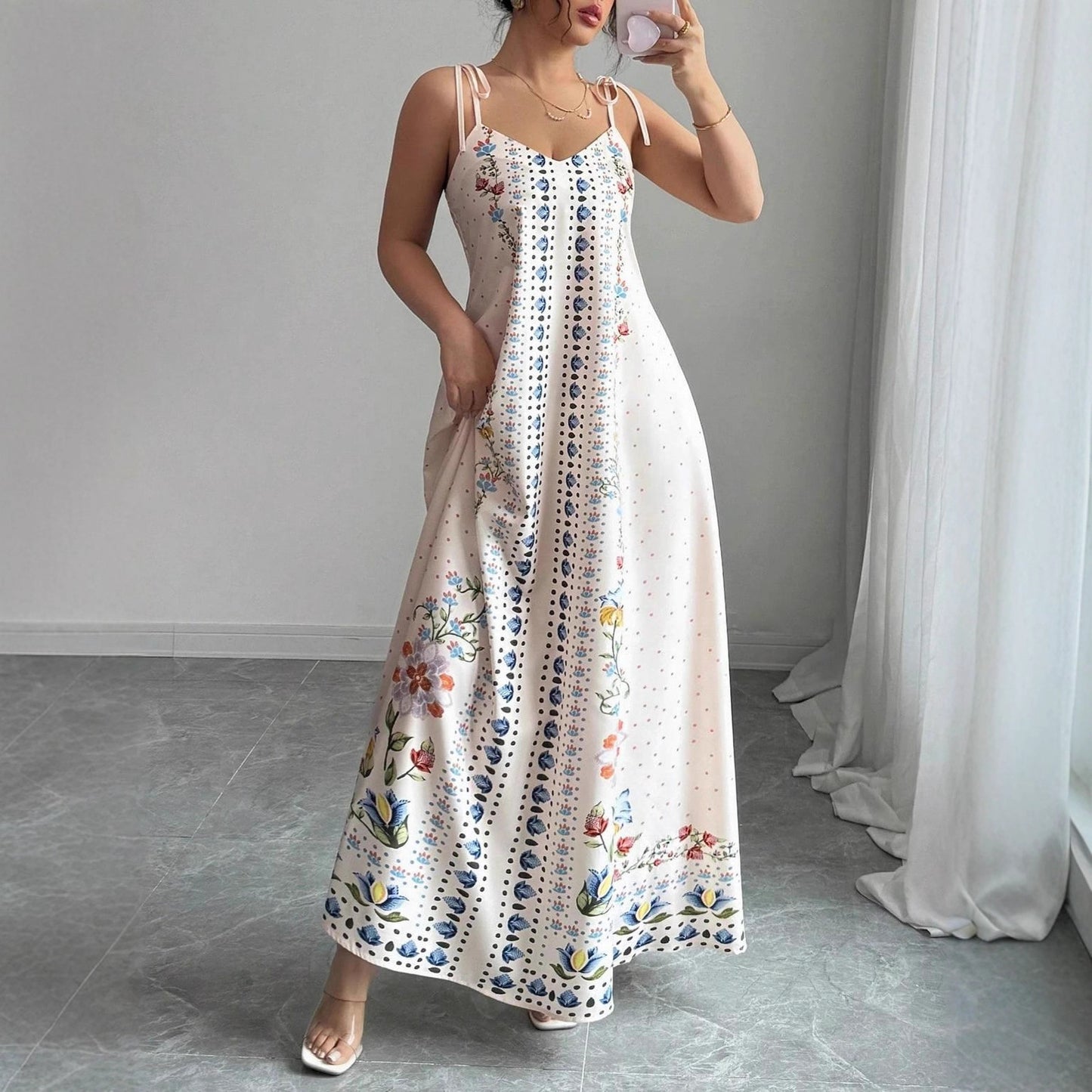 Women's Elegant Beautiful Flowers Print Featured Spaghetti Strap Dress