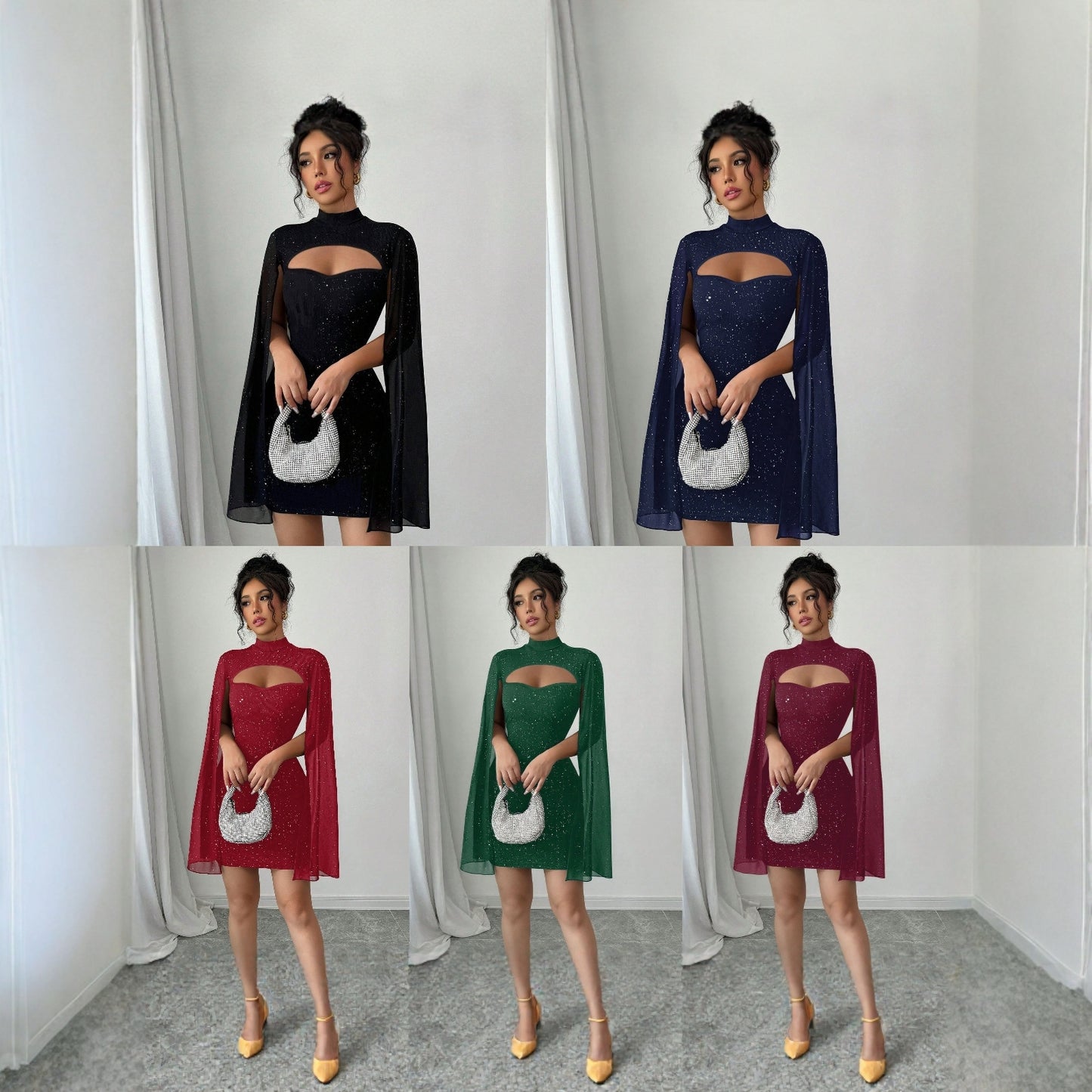 Women's Round Neck Sunken Stripe Pearl Chiffon Dress