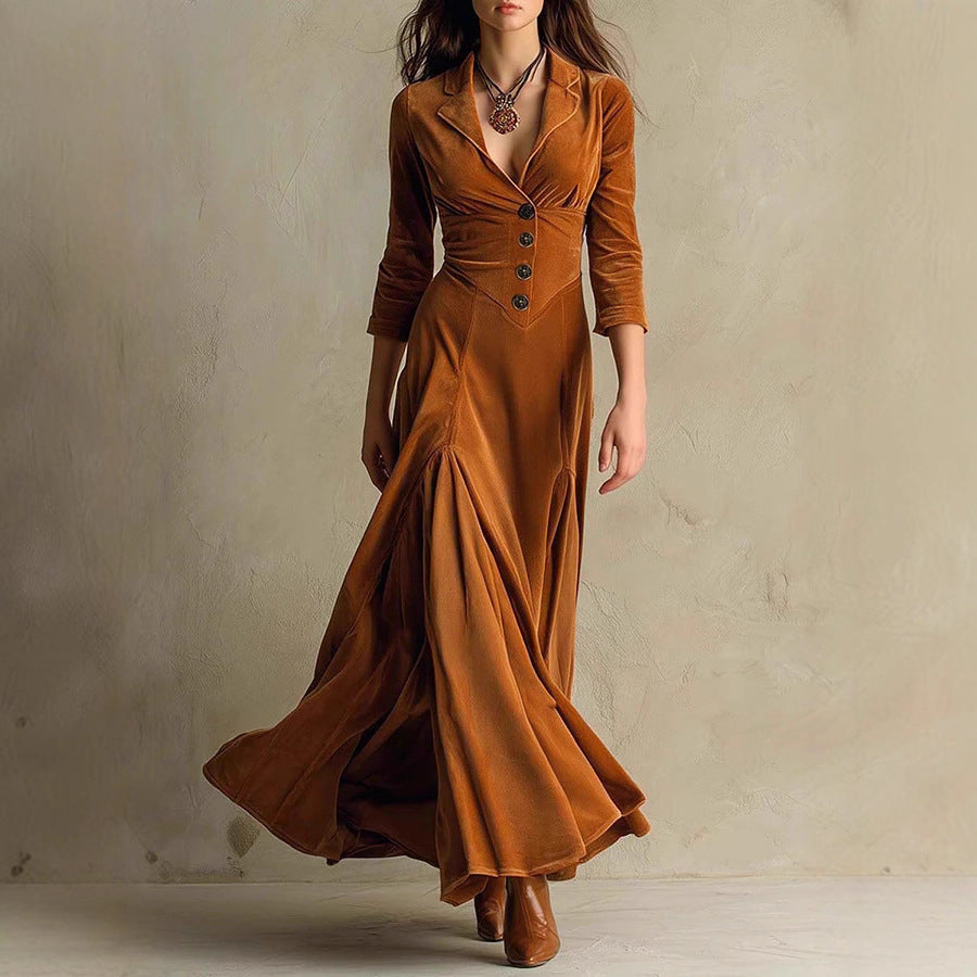 Women's Color Buttons Lapel Sleeve Maxi Waist Dress