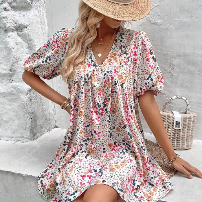 Women's Summer Sweet Floral Printed Puff Sleeve Pleated Casual Dress