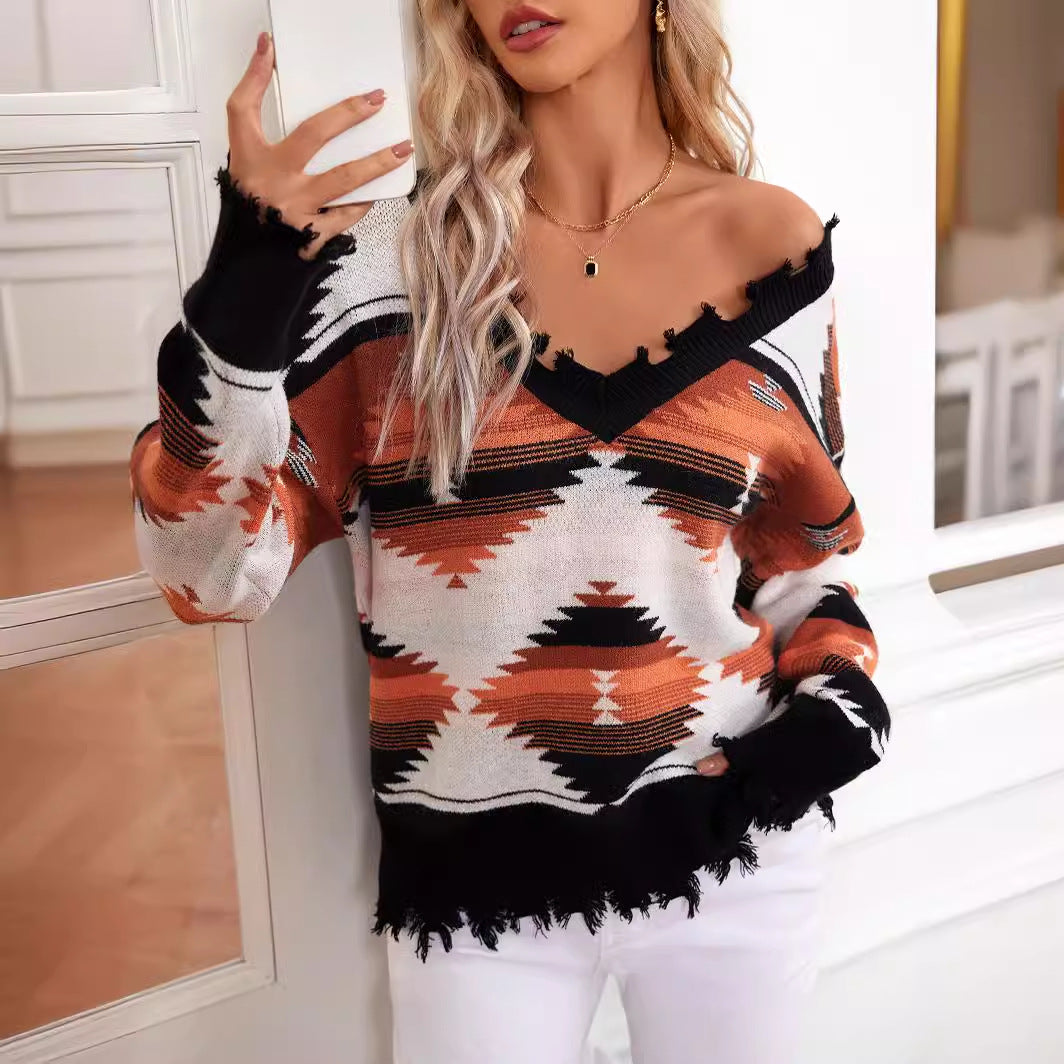 Pruning Shear Broken Knitted Geometric Pattern Jacquard Pullover Long Sleeve Women's Sweater