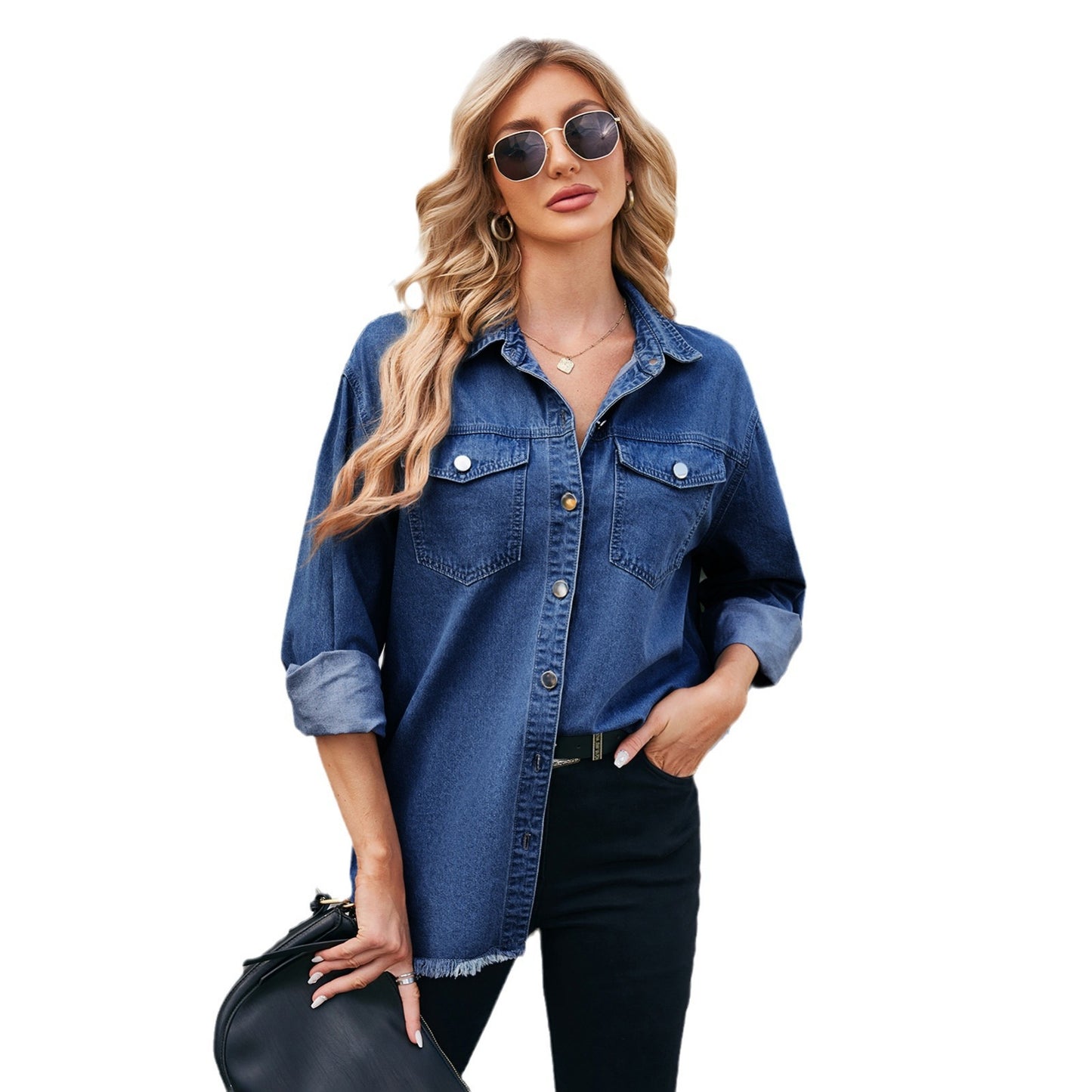 Women's Washed Frayed Hem Denim Long Sleeve Tops