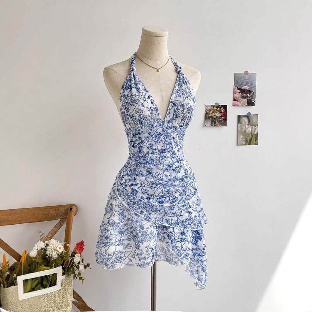 Blue Floral Fashion Temperament Leisure Sweet Mesh Dress