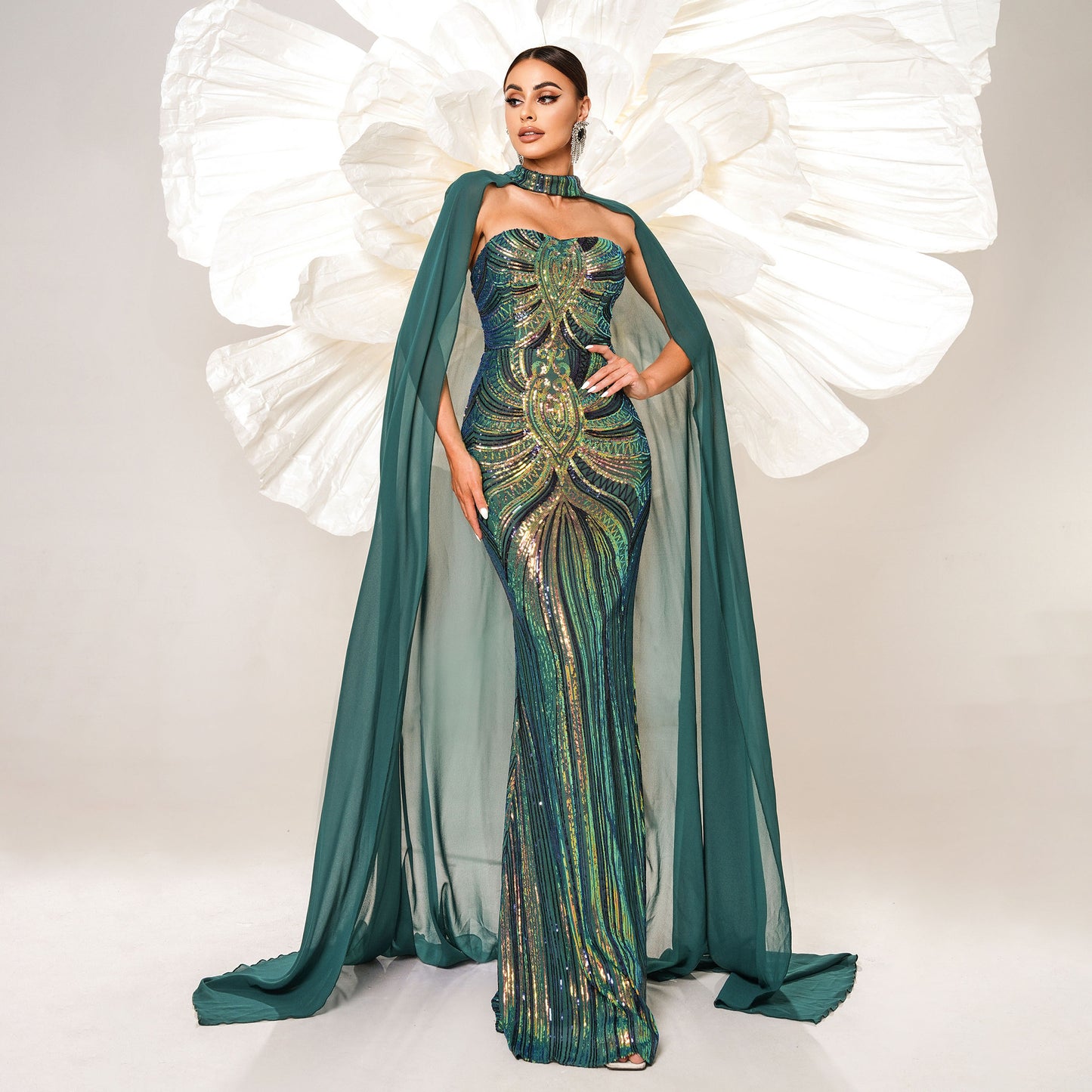 Women's Sleeve Sequined Banquet Cloak Fishtail Dress Dresses