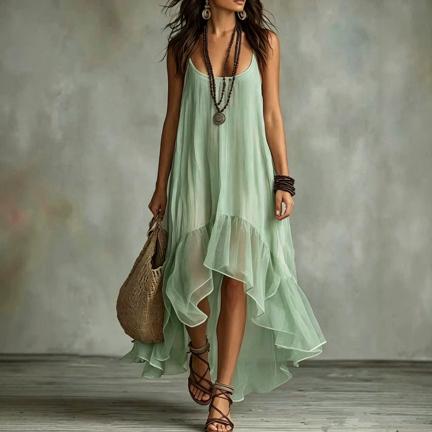 Hours Solid Color Sling Summer Casual Light Thin Mid-length Dress