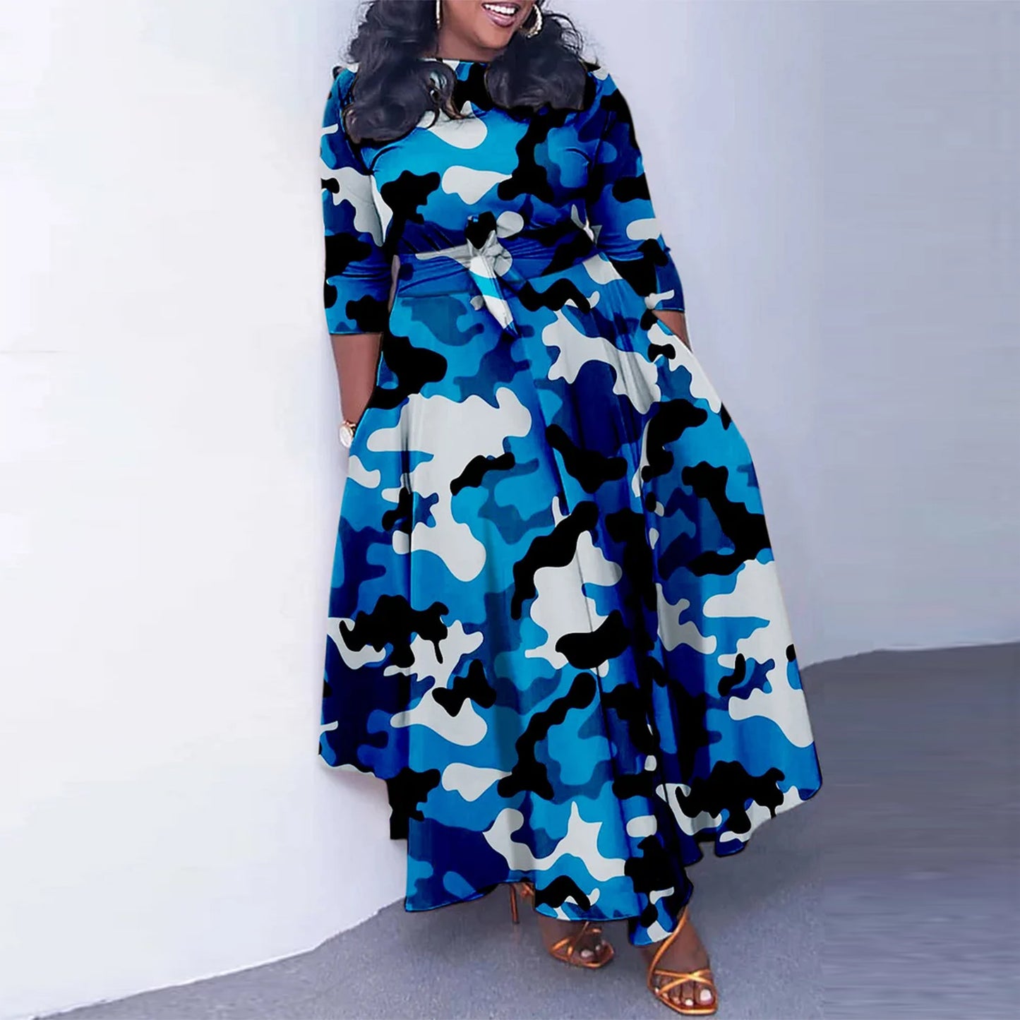 Slim Fit Camouflage Printed Large Waist Trimming Dresses