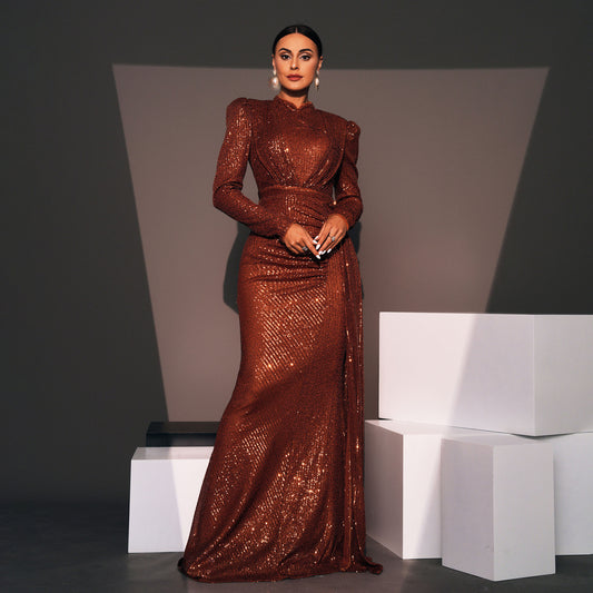 Women's Long Sleeve Temperament Crew Neck Sexy Slim Sequined Dresses