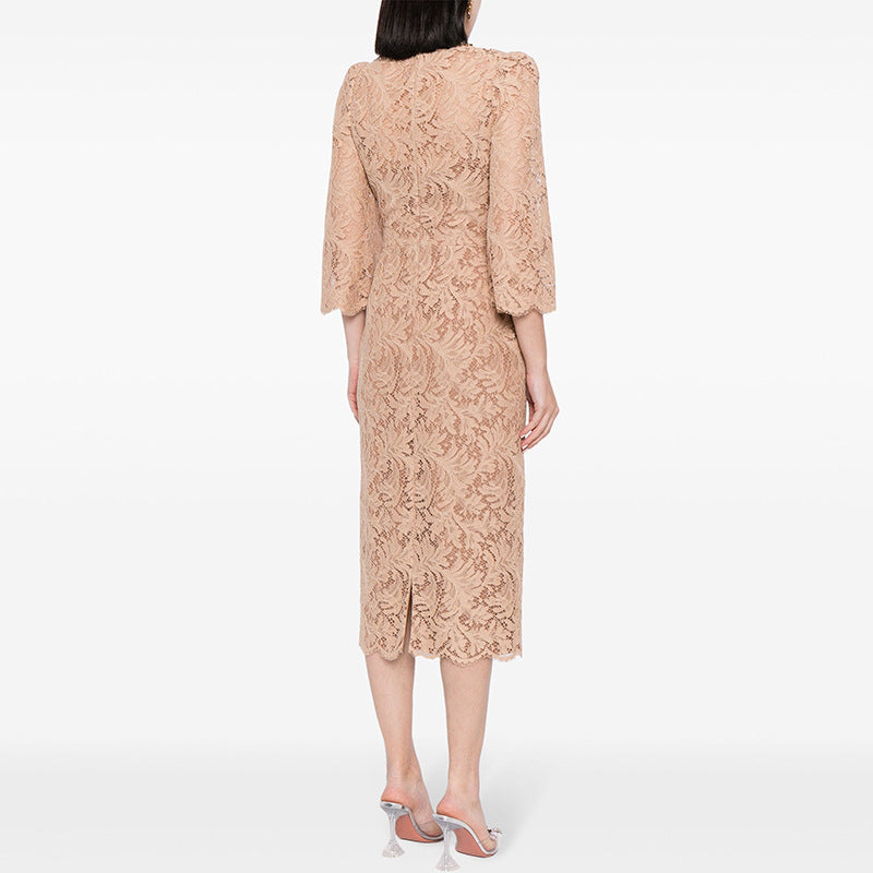 Graceful Fashion Bead Long-sleeved Water-soluble Lace Dress