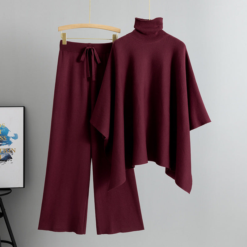 Women's Two-piece Turtleneck Cape Knitted Wide Leg Elegant Fashion Casual Suit