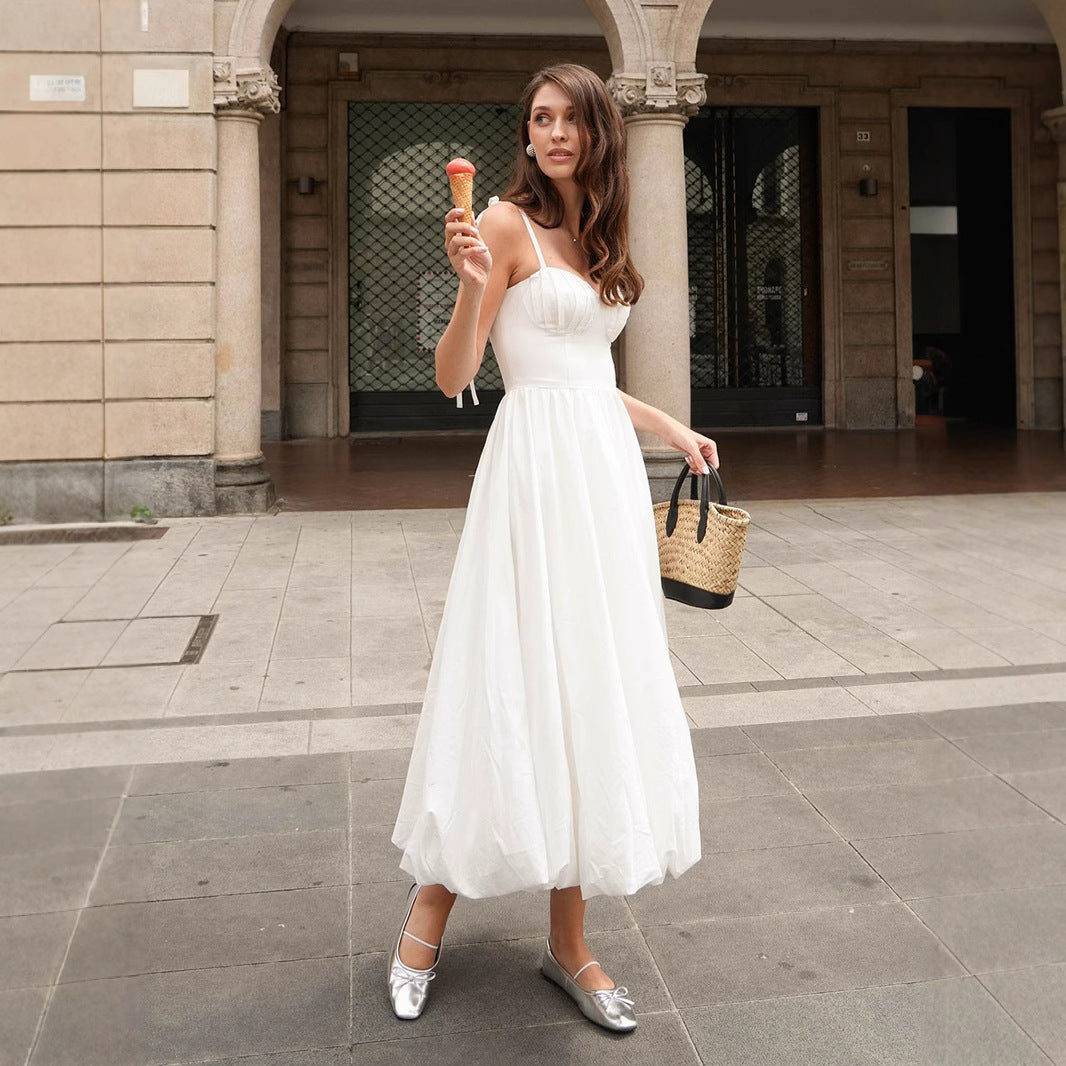 Women's Cotton Sling Balloon Dress Summer Waist Bubble Dresses
