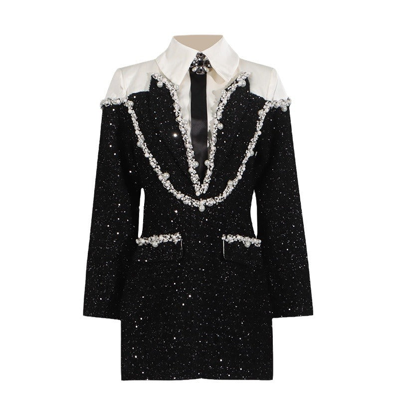Women's Style High-grade Lapel Beaded Sequins Slim Fit Dresses