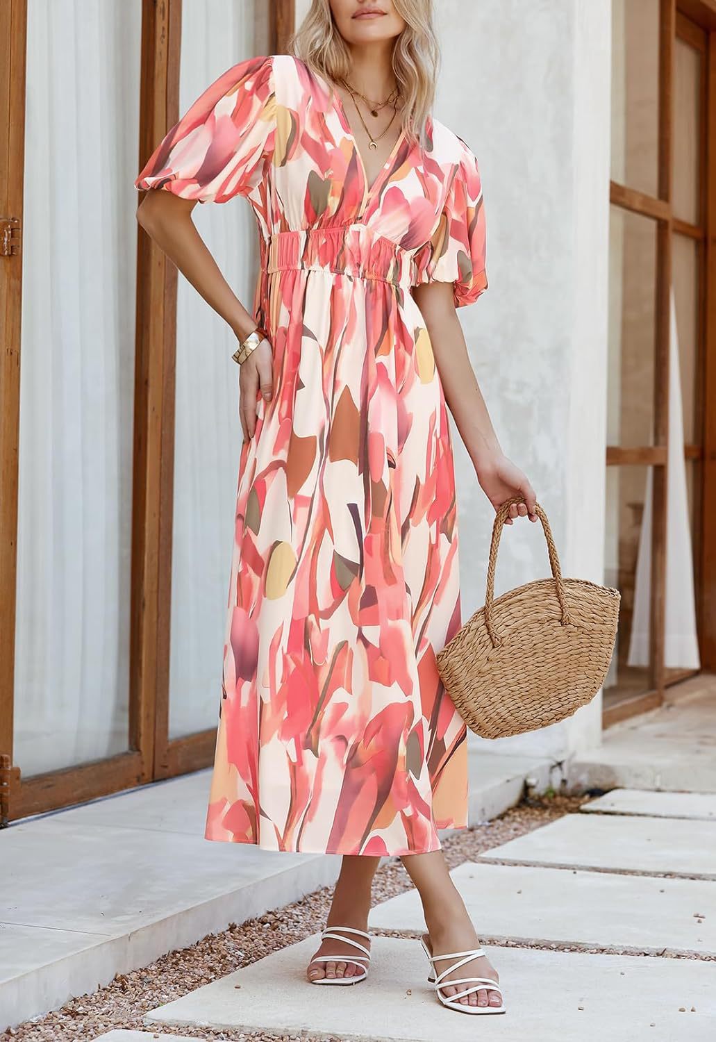 Women's Bohemian Floral Mid-length Dress Pleating Beach Dresses