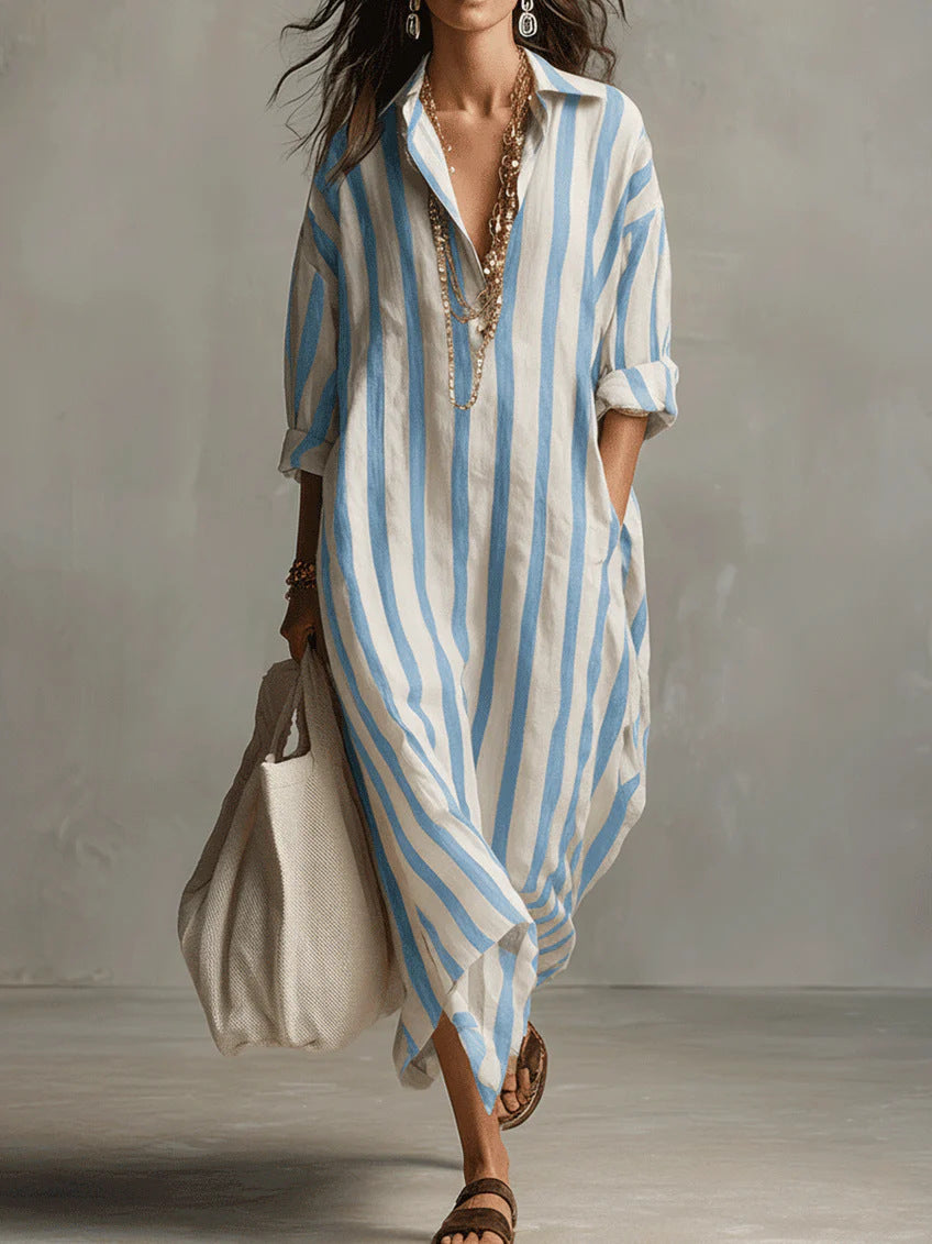 Women's Fashionable Loose Long Striped Summer Ninth Dress