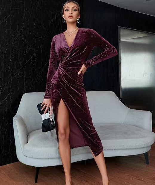 Sexy Long Sleeve Mid-length Gold Veet Dress
