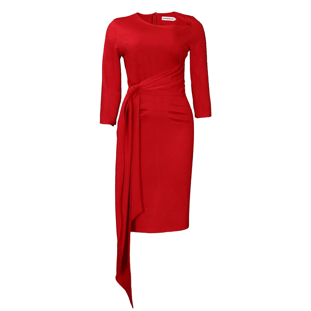 Women's Pleated Bandage Solid Color Sheath Business Temperament Plus Size