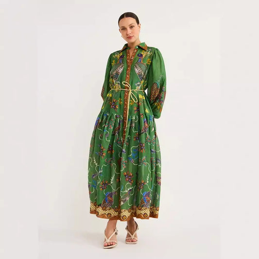 Single-breasted Lantern Sleeve Pleated Printed Waist Dresses