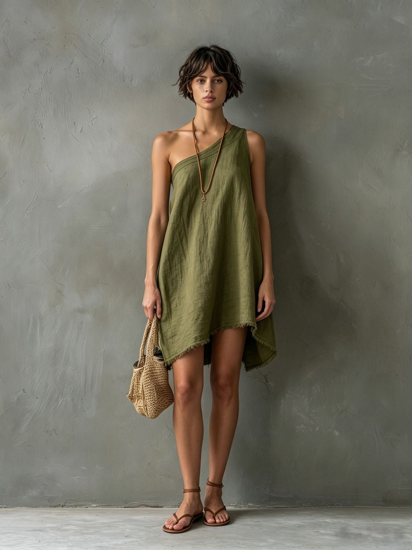 Women's Minimalist Linen Blend Shoulder Sleeveless Frayed Dress