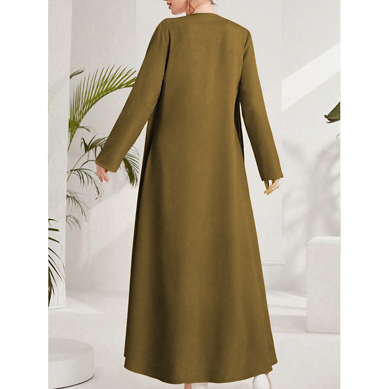 Women's Pocket Pure Color Long Temperament Sleeve Dress