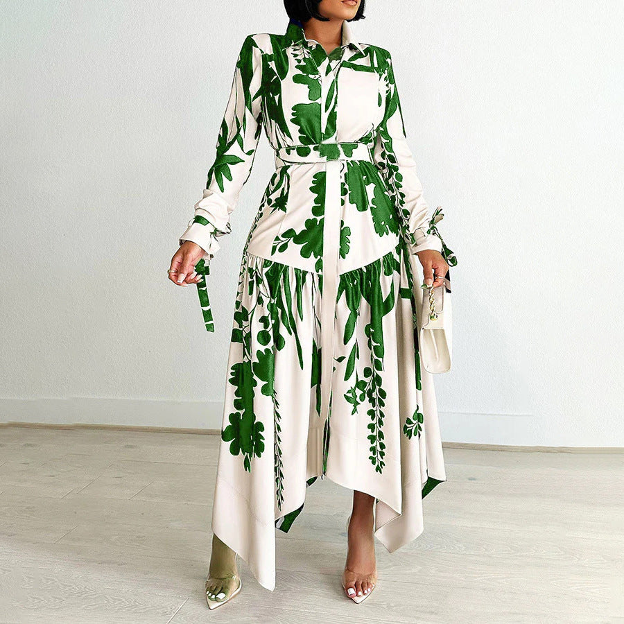 Women's Summer Fashion Temperament Printed Lapel Long Sleeve Skirts