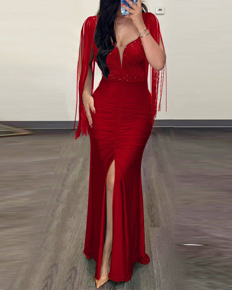 Sequin Sheath Sexy Crew Neck Split Fringe Dress