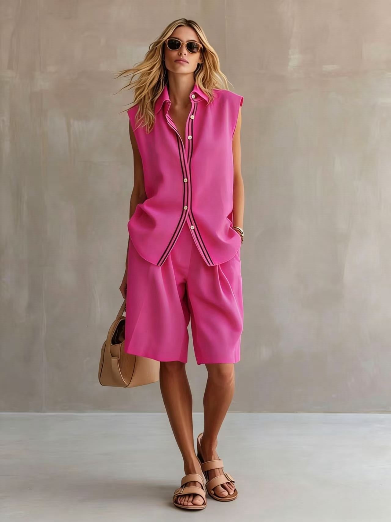 Women's Summer Wear Single-breasted Sleeveless Linen Bushing Fashion Casual Suit