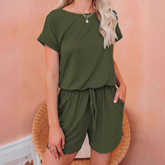 Women's Summer Solid Color Short-sleeved Drawstring Leisure Pants
