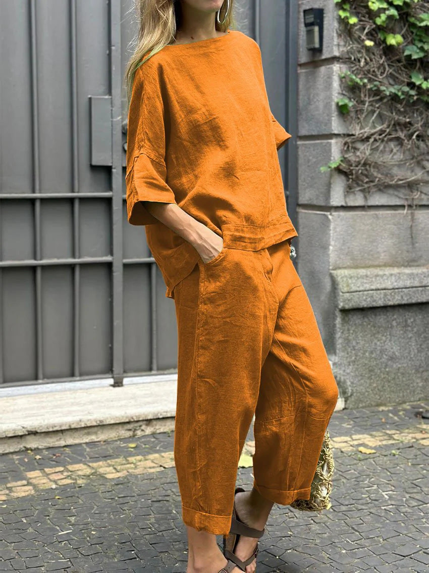 Women's Set Cotton Linen Shirt Outfit High Plus Size