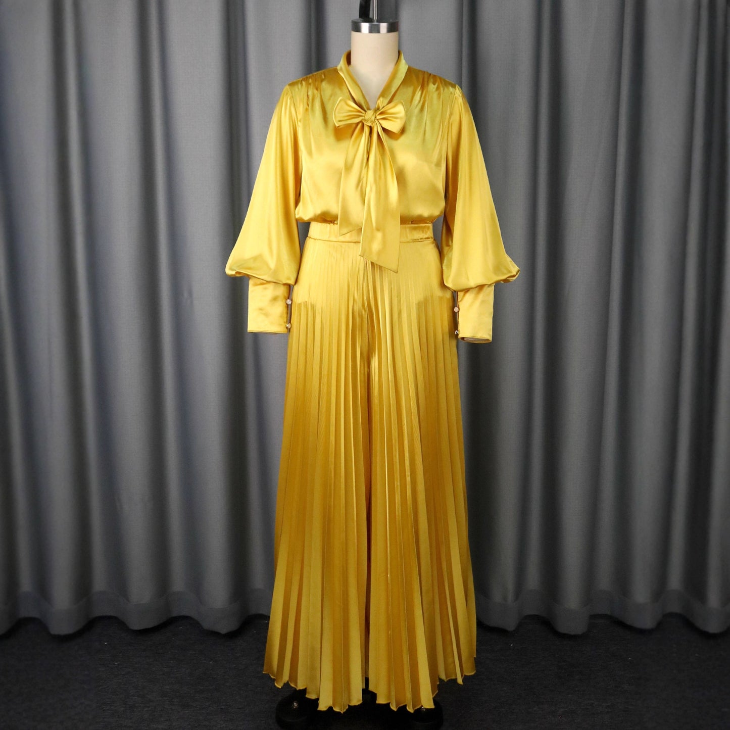 Bow Long Sleeve Elegant Pleated Wide Suits