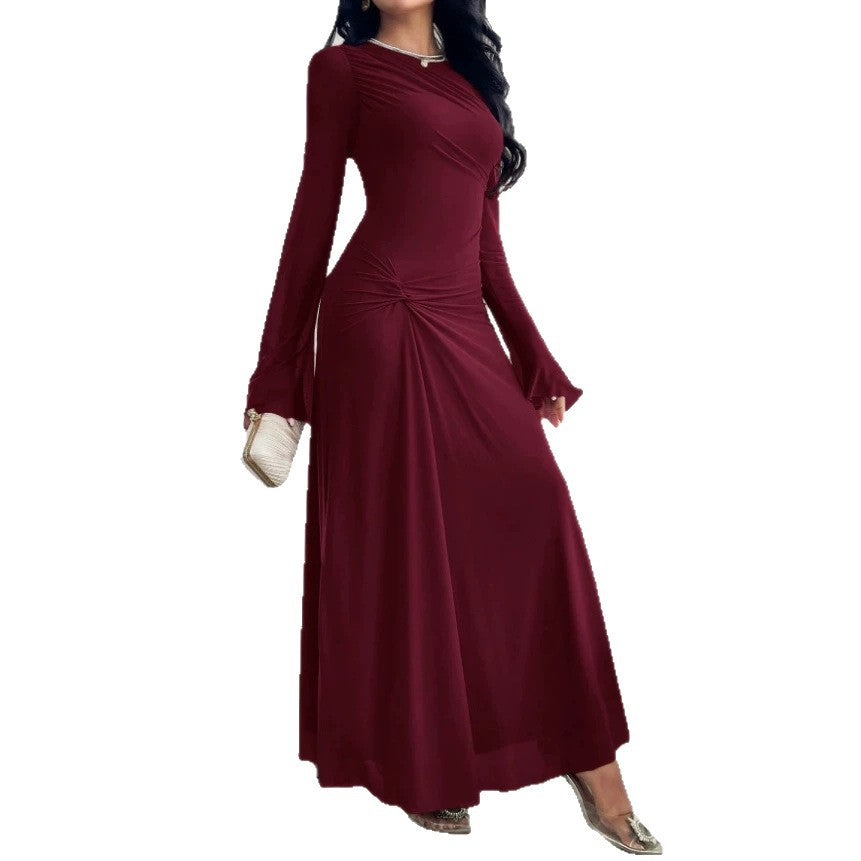 Flared Sleeves Tight Waist Pinch Pleated Slim Fit Solid Color Dress