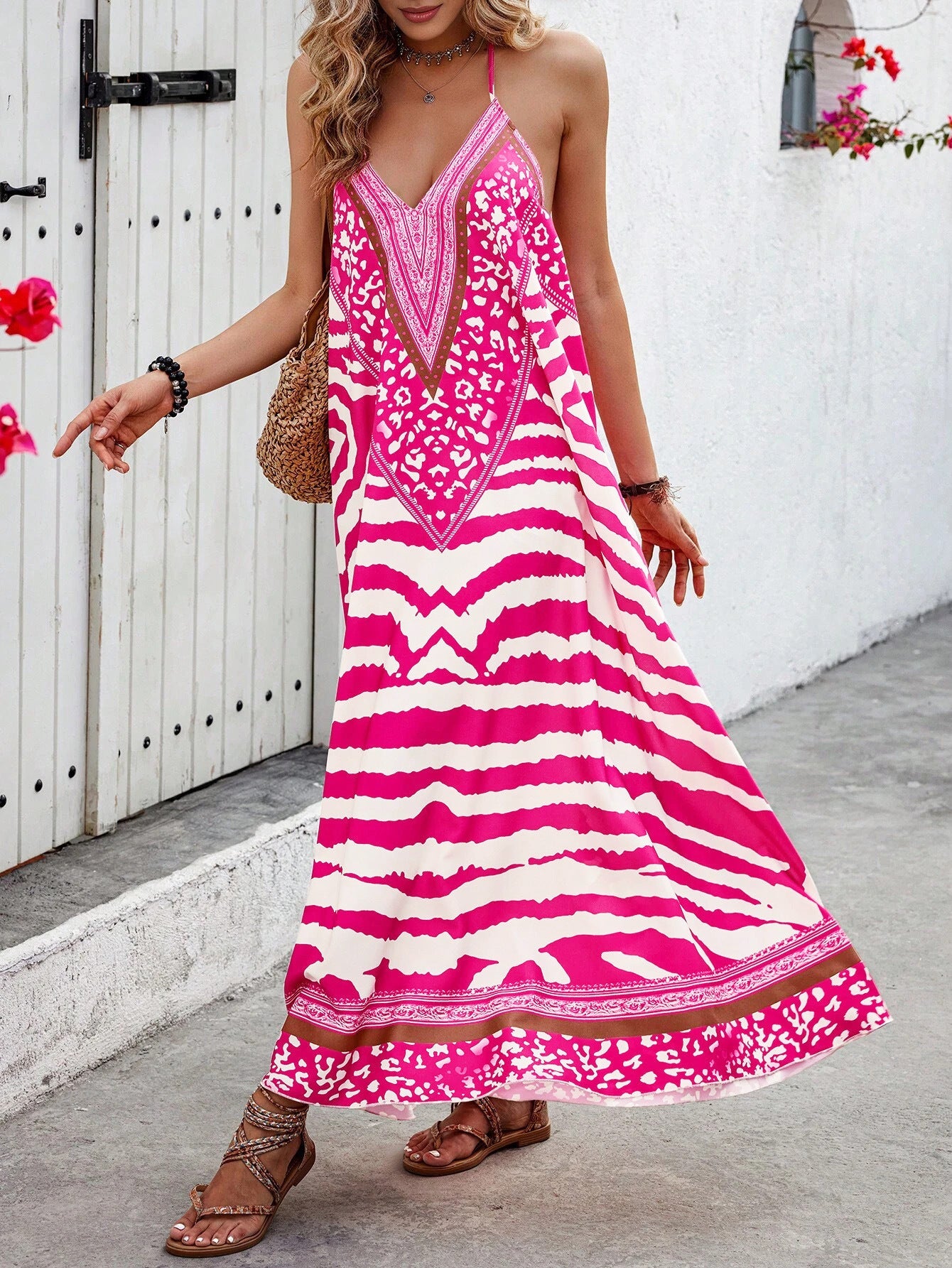 Charming Classic Animal Print Backless Halter Dress