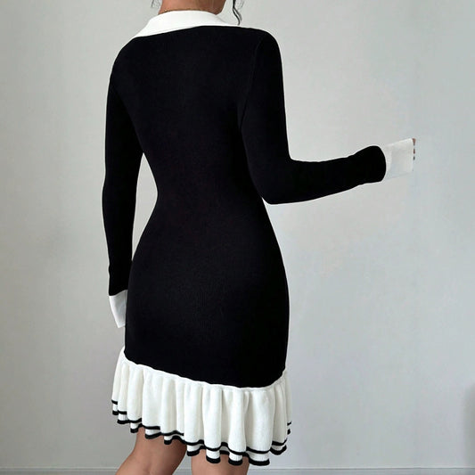 Pleated Contrast Color Lapels Button Long Dresses
