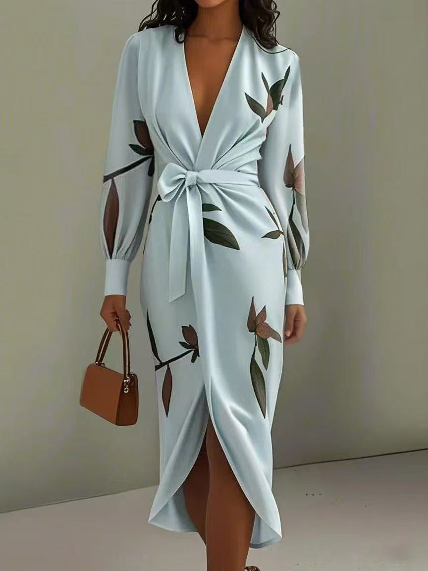 Long Sleeve Lace Printing Fashion Vacation Dress