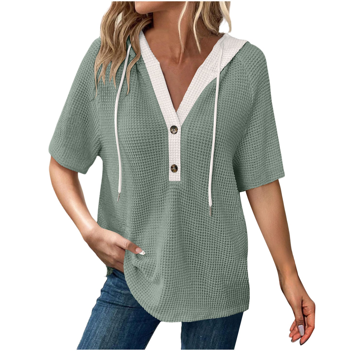 Women's Solid Color Waffle Hooded Button Loose Sleeve Shorts