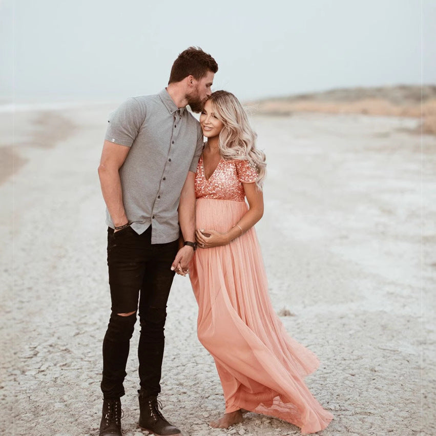 Women's Mesh Pregnant Floating Solid Color Sleeve Dresses