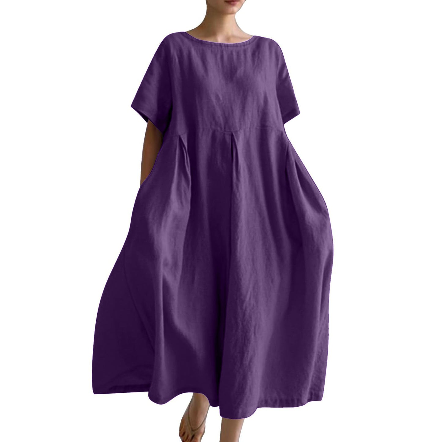 Women's Cotton Linen Loose Round Neck Fashion Dress