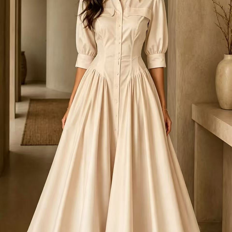 Linen Blended Breasted High Waist Pure Color Dress
