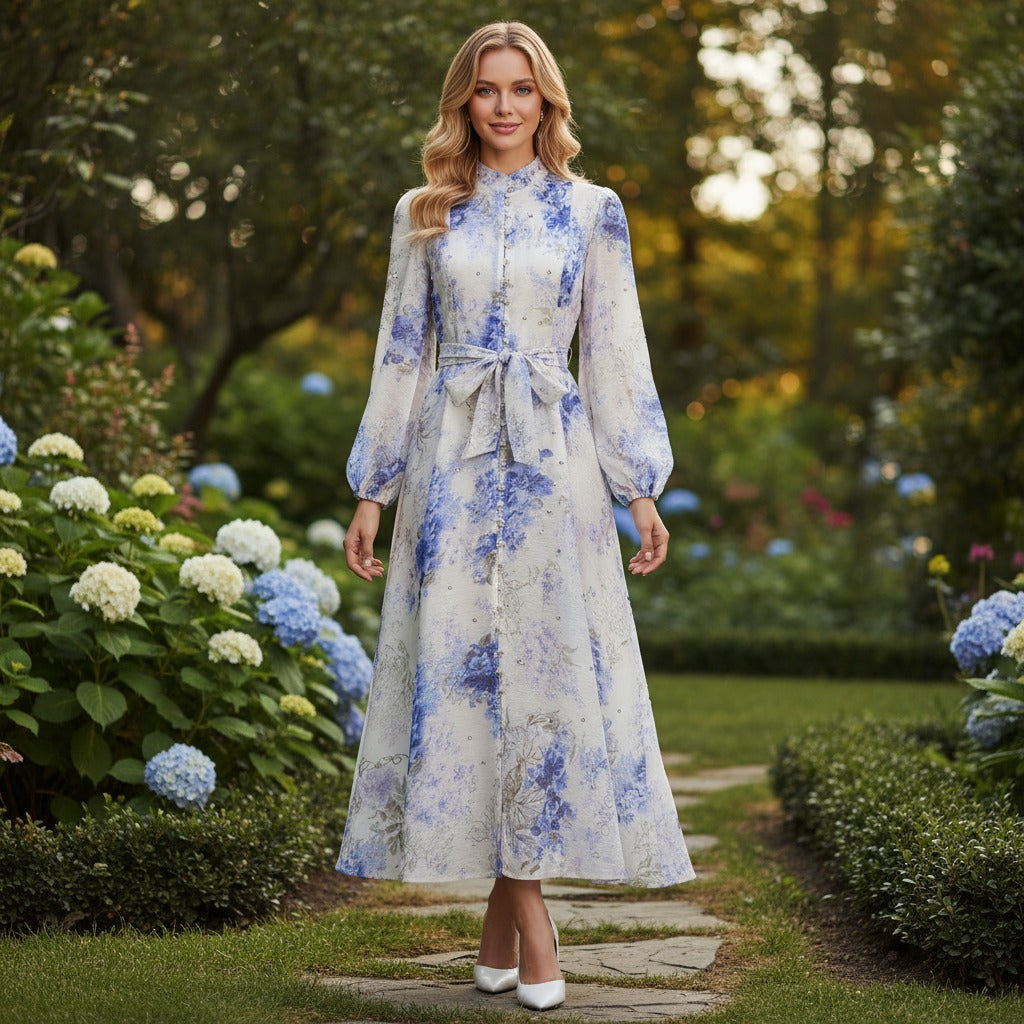Silk Linen Starry Rhinestone Breasted Umbrella Dresses