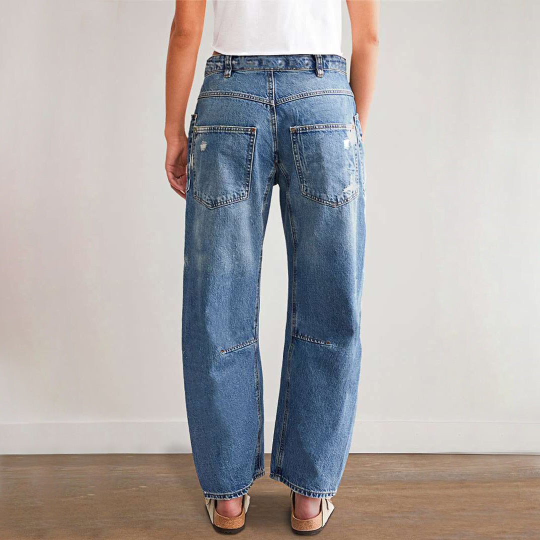 Women's Tattered Casual Patchwork Banana Baggy Straight Jeans