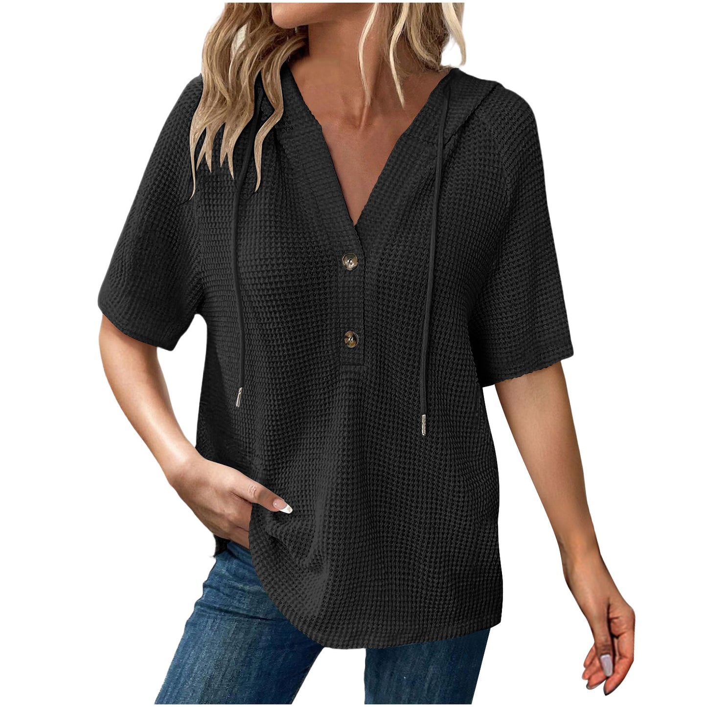 Women's Solid Color Waffle Hooded Button Loose Sleeve Shorts