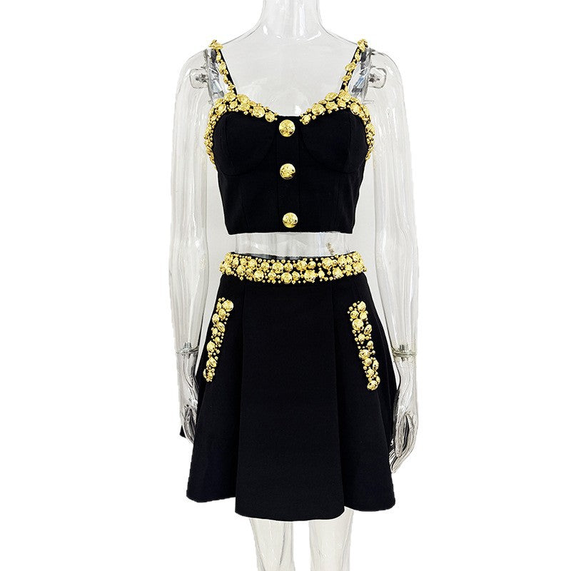 Spring Fashionable Golden Fastener Decoration Camisole Mid-length Dress Fashion Casual Suit